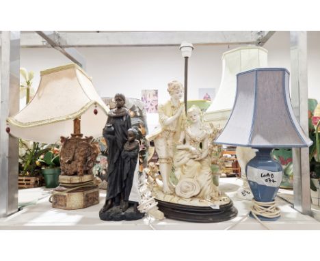 Lamp on ceramic base in the form of a regency couple, a lamp formed of an elephant wearing a howdah atop plinth base, two fur