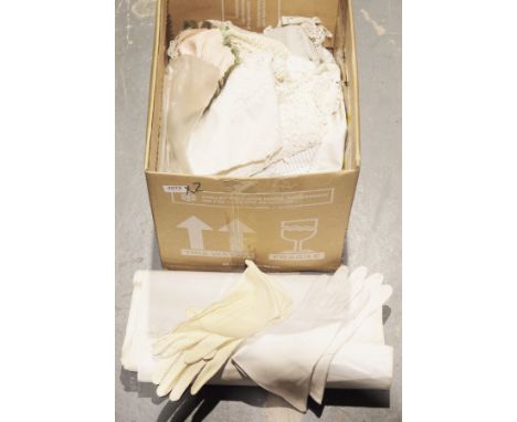 A fur and leather coat, a small quantity of white linen and other assorted vintage clothing (2 boxes)