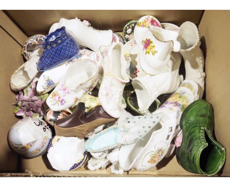 Assorted ceramic shoes to include Cottage Rose, Dresden, Staffordshire etc., Portuguese ceramic lidded bottle decorated with 