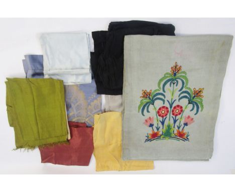 Collection of vintage silk scarves and a linen crewel work panel, the scarves in sizes in blue, yellow, cream, black and gree