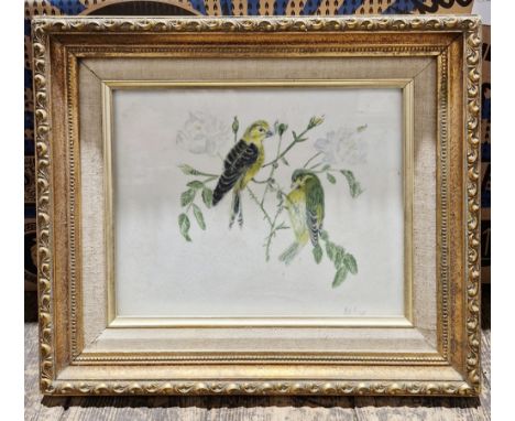 Oleograph of cock and hen pheasant seated on a branch, a framed print of two birds seated on rose bush, a framed print of mid