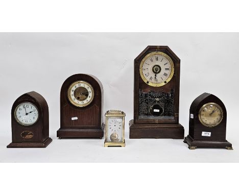 Three 19th/20th century mahogany cased mantel clocks, an American (Seth Thomas) mahogany cased mantel clock and a Schatz (Ger