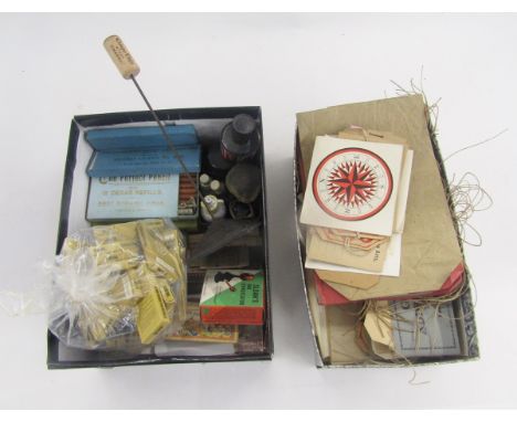 Quantity of vintage packets of pencils, small pencils, bottles of ink, cartridges, large quantity of vintage labels and tags 