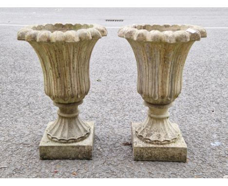 Pair of composite stone tulip form garden urn-shaped jardinieres&nbsp;on stand and a small composite stone sculpture&nbsp;of 