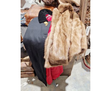 Gieves and Hawkes gent's black wool opera cloak, red satin lining with velvet collar , with gilt button fastening , and butto