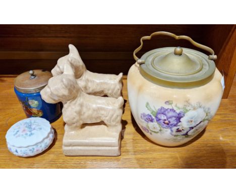 Pair of pottery dogs on integral stands, a Wedgwood Angela lidded pin dish, a DG Ware lidded glass jar, a Crown Devon Blush p