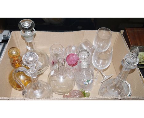 A quantity of moulded glass to include ewers, decanters, sherry glasses, tumblers etc, some with ceramic decanter labels alon