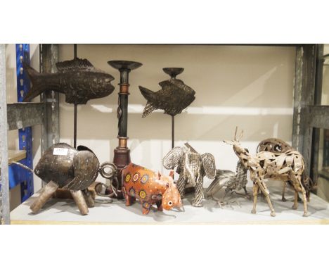Quantity of metal African animals, some constructed from scrap metal, to include pair of elephants, hippo, gazelle, etc,&nbsp