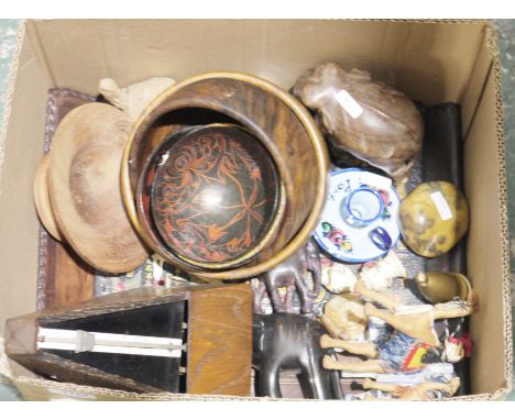 Assorted collectables, including: treen bowls, a vintage German oak cased metronome, African carved wooden elephants, various