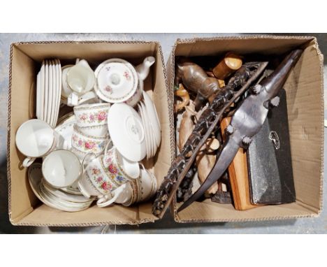 Quantity of wooden animals&nbsp;to include rhinos, camels, etc, a cased compass set, a cased sewing set, a Royal Grafton part