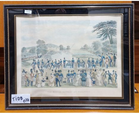 Framed prints&nbsp;after T Jones 'The Mortar Battery at Woolwich', showing a mock-battle scene and after George Moorland 'No.