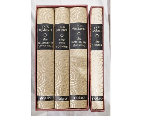 The Folio Society JRR Tolkien The Lord of the Rings Trilogy three volumes in box set and 'The Hobbit' within slipcase all wit
