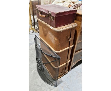 Large canvas, wood and metal bound suitcase,&nbsp;a smaller red suitcase and a metal fireguard (3)&nbsp;