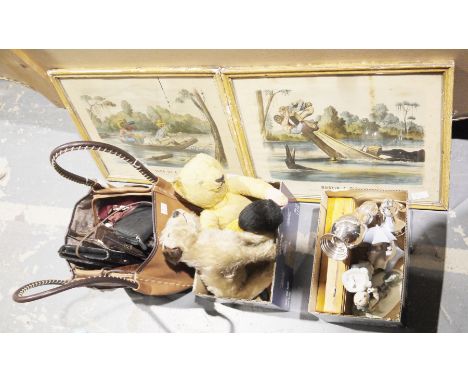 Three ceramic figurines of children, a handbag and a small collection of purses, three vintage teddies, a leather suitcase an