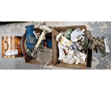 A quantity of ceramics to include a Nao dove, a hardstone Corinthian form table lamp, a studio pottery blue vase and other it
