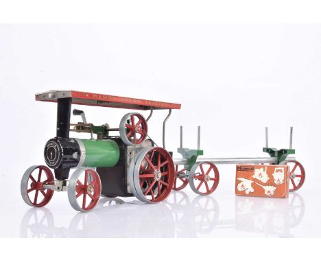 Mamod Live Steam TE1A Traction Engine and Trailer, with a box of tablets, G, trailer lacks log load (2)