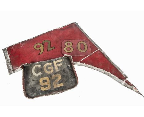 London Transport Trolleybus Front Wheel Arch Panel and Number Plate From No 92, South London (3), painted aluminium, front wh
