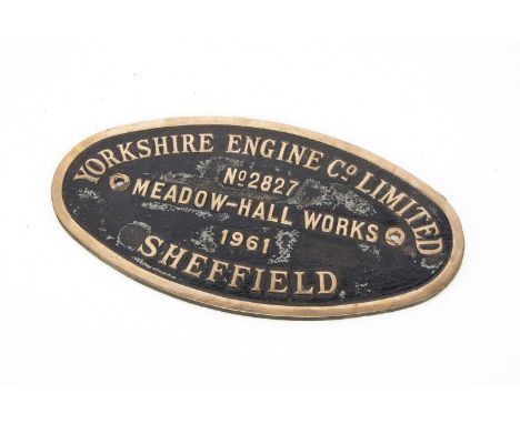 Yorkshire Engine Co Ltd Brass Diesel Locomotive Works Plate,  oval with two fixing holes, black painted, inscribed Yorkshire 