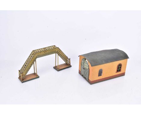 Bing and Kibri 0 Gauge tinplate Accessories, Bing single road Engine Shed, F-G, lacks two windows and Kibri two track span  F