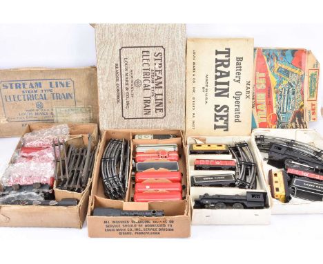 Four Marx 0 Gauge American outline Train Sets, Electric, 3995 New York Central Passenger Set, Loco, Tender, red Pullmans (5) 