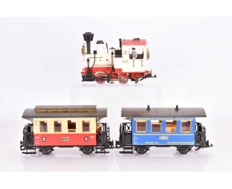 LGB G Gauge 0-4-0 Steam Locomitive and 2 coaches 2020 Stainz circus engine with missing parts, F, 3011 red and cream coach, F
