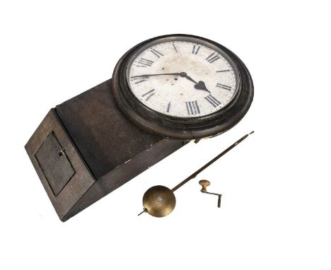 1920s Drop Dial Fusee Railway Waiting Room Clock, oak cased with circular glazed painted dial (worn condition), numbered on d