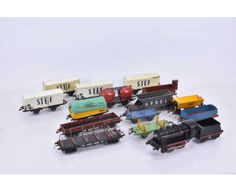 French Hornby 0 Gauge 3-Rail SNCF black Locomotive and Tender and assorted Rolling Stock, Loco F-G, lacks both smoke deflecto