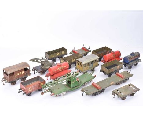 Hornby 0 Gauge early open axle Goods Rolling Stock, NE, bogie Lumber wagon, Cattle wagon (poor) and Brake Van, LMS, Lumber wa