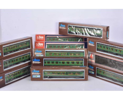 Twelve Lima 0 gauge BR green Coaches, 1st/2nd (9) and Brake/2nd (2), all in original boxes and unboxed repainted dark green B