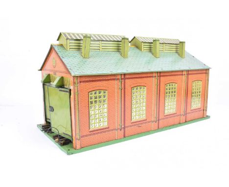 Hornby 0 Gauge No 2 Engine Shed, with yellow ridge tiles, 8 chimneys/vents, green base, Electric track, G-VG, one set of door
