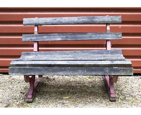 Railway Platform/Station Bench, heavy cast iron supports with thick wooden slats, (require replacing), iron supports, 85cm hi