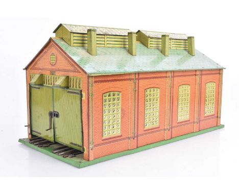 Hornby 0 Gauge Single and Double length Engine sheds, electric Double with 3-rail track and all Chimneys, G-VG, single with c