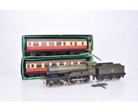 Bassett-Lowke 0 Gauge post-war BR green Prince Charles 62453 4-4-0 Locomotive and Tender and two blood and custard Coaches, E
