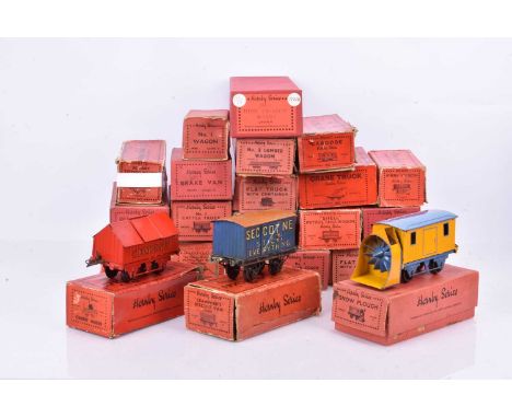 Hornby 0 Gauge boxed Hornby Series pre-war wagons, including, Seccotine Van ( in Crawford's Biscuits box), Meccano Side Tippi