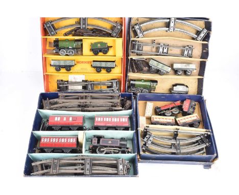 Four Hornby 0 Gauge clockwork Train Sets, M1 Passenger Set comprising red 6161 Loco and Tender and two Pullman coaches, pair 