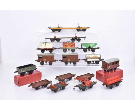 Hornby 0 Gauge pre and post-war boxed and unboxed 4-wheel and bogie Goods Rolling Stock, including, Timber wagon No 2, LMS Br