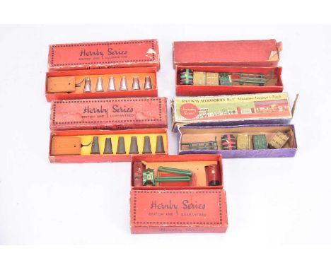 Hornby 0 gauge No 1 and 2 and 3 Railway Accessories Sets, No 1 in early picture box and later in all red box (both boxes lack