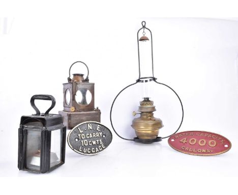 Railway Lamps and Metal Plaques, railway lamps, a  small rectangular examples, with loop handle, burner and glass windows und