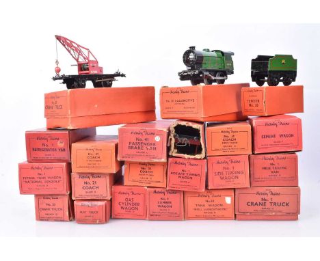 Hornby 0 Gauge post-war boxed Rolling stock, including, No 30 Locomotive and Tender, No 31 blood and custard Coaches (3), No 