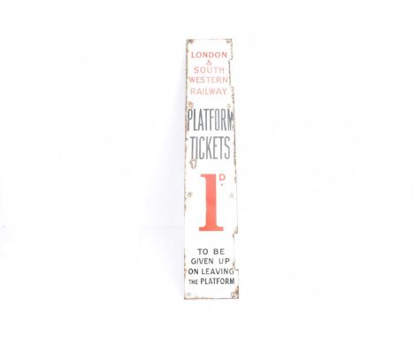 Enamelled Sign L&amp; SWR Platform Tickets, sign from the front of a platform ticket machine, with fixing holes, key hole and