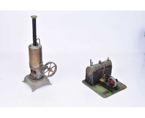 SEL and a Marklin or Doll Steam Engines,  SEL horizontal Engine with twin cylinders and flywheel, on green base with burner, 