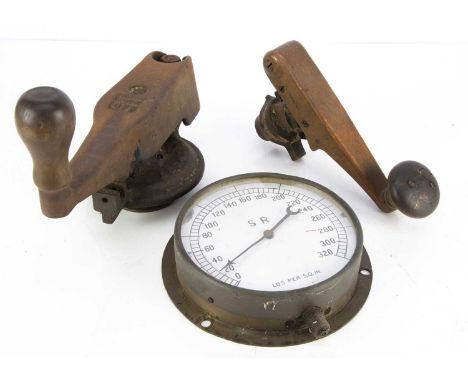 Dead Mans Handle Control Handle and  Brass SR Pressure Gauge, a brass drivers dead man handle sprung with turned wooden knob 