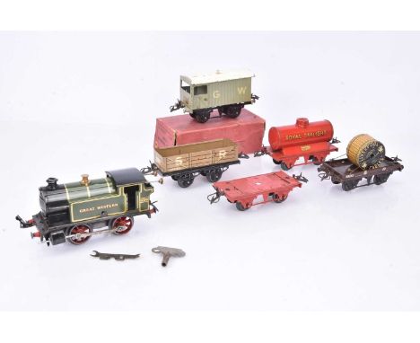 Hornby 0 Gauge clockwork GWR Tank Engine and various GWR and SR Wagons, unboxed M3 0-4-0 6600 Tank Engine, G-VG, tested well 