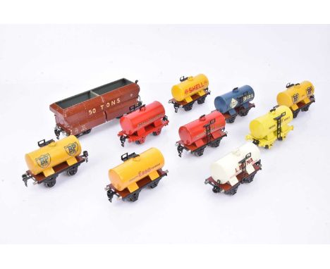 Marklin 0 gauge Tank wagons some restored and a couple in the style of Hornby, yellow ESSO, yellow BP (2), blue Aral, bright 