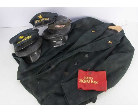 British Rail and Other Train Related Uniforms Caps, Badge and Signal Flags, various items, five black peaked caps, three unbr