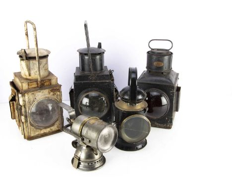 Railway Lamps, various examples, three of square form with loop handles, vented painted white with two lenses, undamaged, min