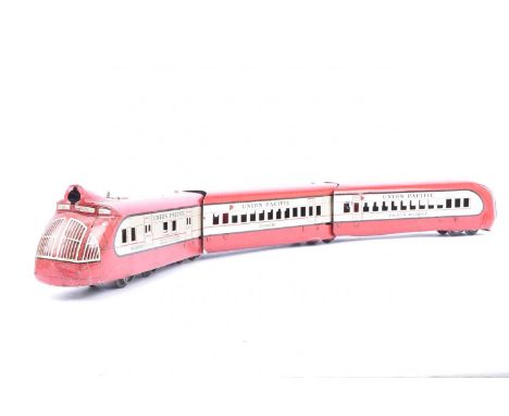 Marx 0 Gauge Clockwork Union Pacific red and silver M10000 Diesel Flyer 3-Car Articulated Train, American production, compris
