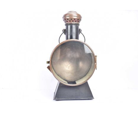 Large Late Nineteenth Century French Railway Lantern, black painted tin and copper, with loop handle above large glass window