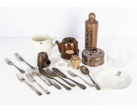 Pre BR Ceramic and Glass Railway Items and Silver Plated Cutlery,  various items, GWR brown glazed stoneware inkwell, 12cm in