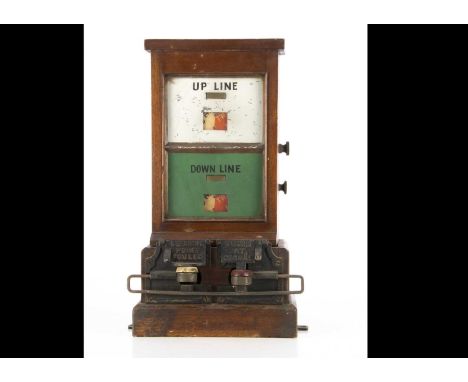 GWR Mahogany Cased Double Line Spagnoletti Block Instrument, glazed with painted Up and Down Line indicator panels, (some pai